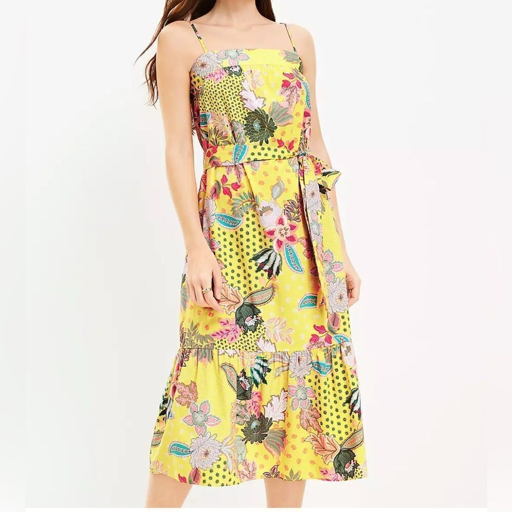 Loft Midi Dress Size 12 Yellow Print Cotton Rayon Flounce